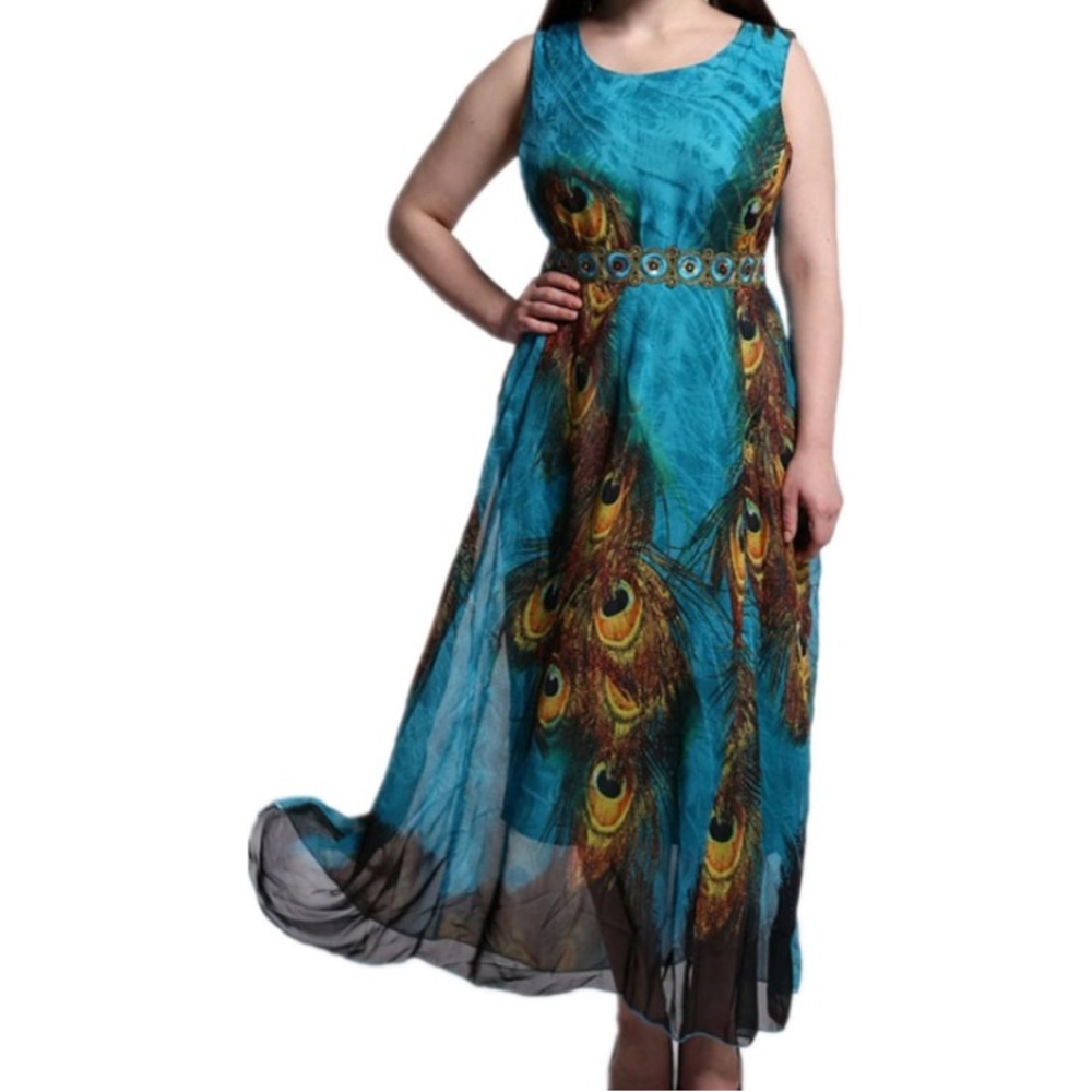 Peacock Maxidress with belt, size medium